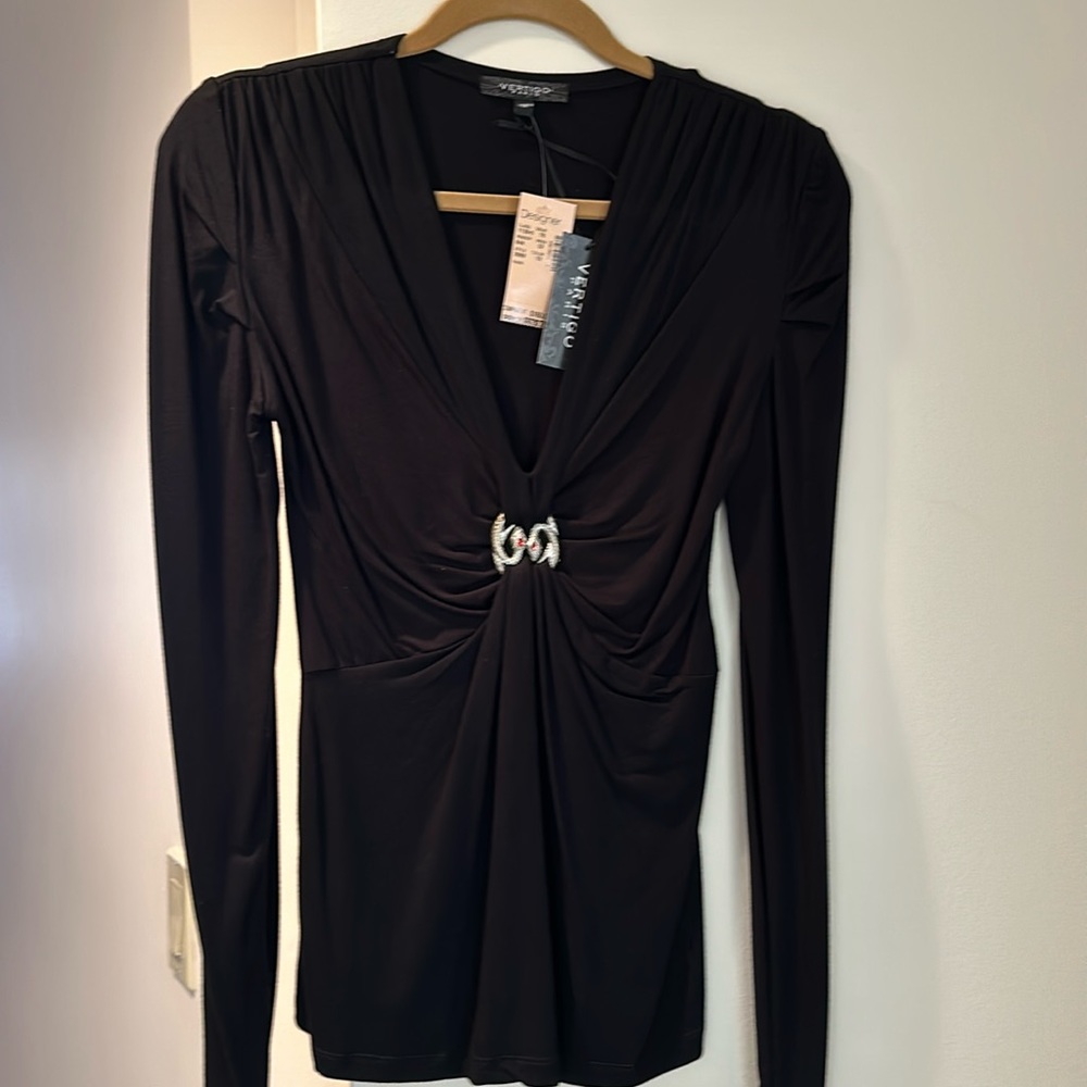 Vertigo medium black blouse with gold dragon pin